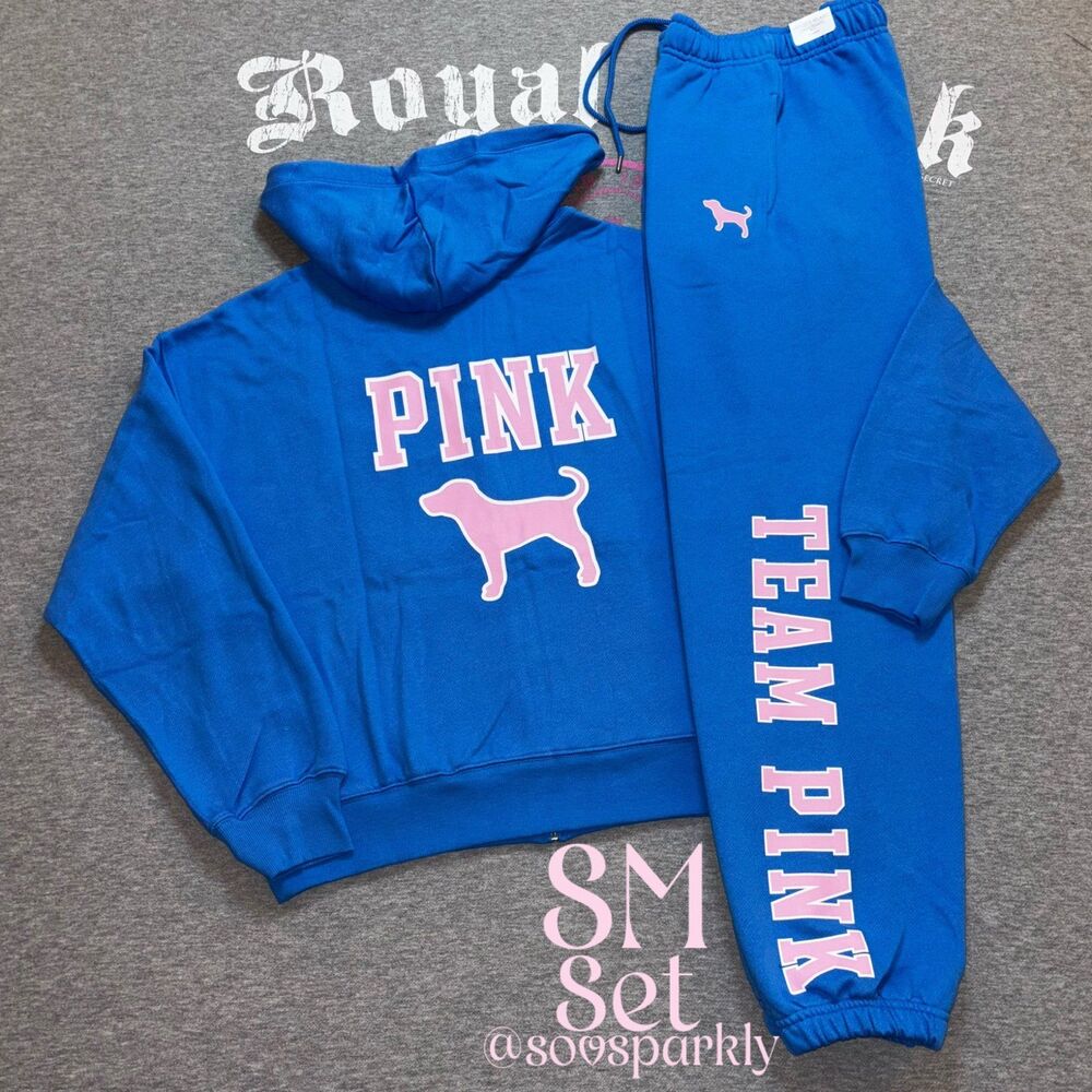 VS PINK Limited Edition Blue Charge Throwback Logo Matching Hoodie & Sweats SM